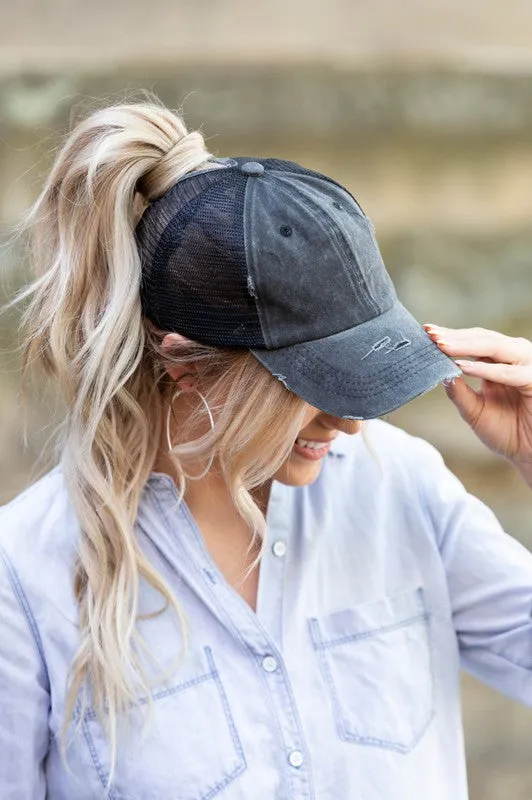 ALLI'S CORNER- Distressed Messy Bun Hat Cap - 8 COLORS!!