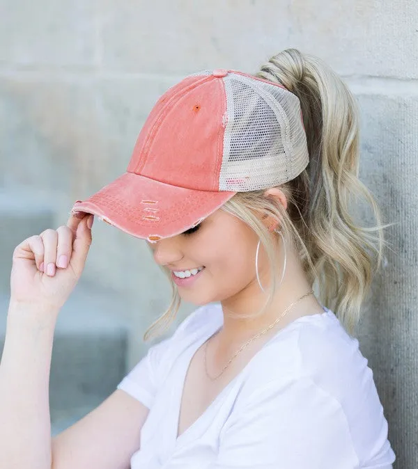 ALLI'S CORNER- Distressed Messy Bun Hat Cap - 8 COLORS!!