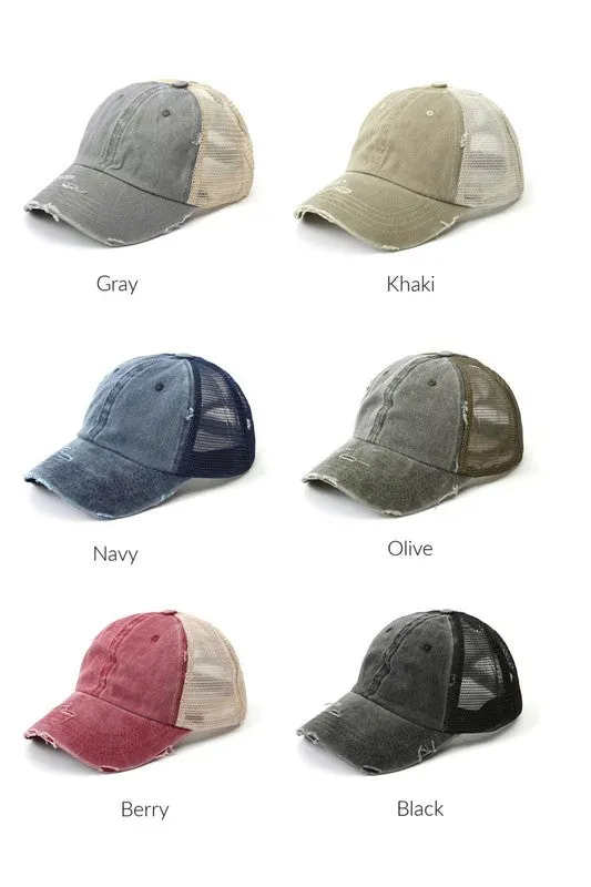 ALLI'S CORNER- Distressed Messy Bun Hat Cap - 8 COLORS!!
