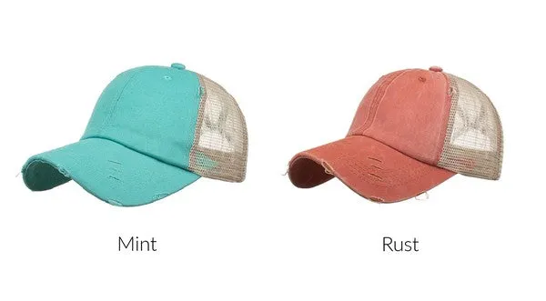 ALLI'S CORNER- Distressed Messy Bun Hat Cap - 8 COLORS!!