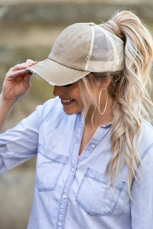 ALLI'S CORNER- Distressed Messy Bun Hat Cap - 8 COLORS!!