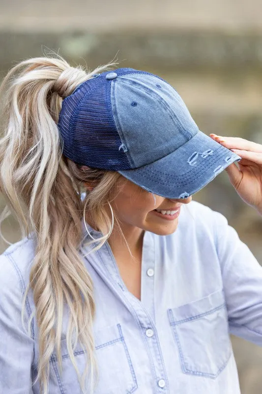 ALLI'S CORNER- Distressed Messy Bun Hat Cap - 8 COLORS!!