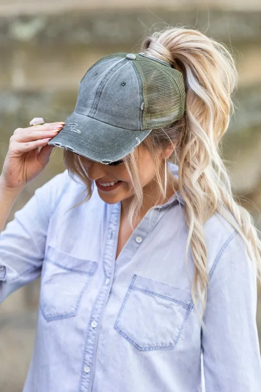 ALLI'S CORNER- Distressed Messy Bun Hat Cap - 8 COLORS!!