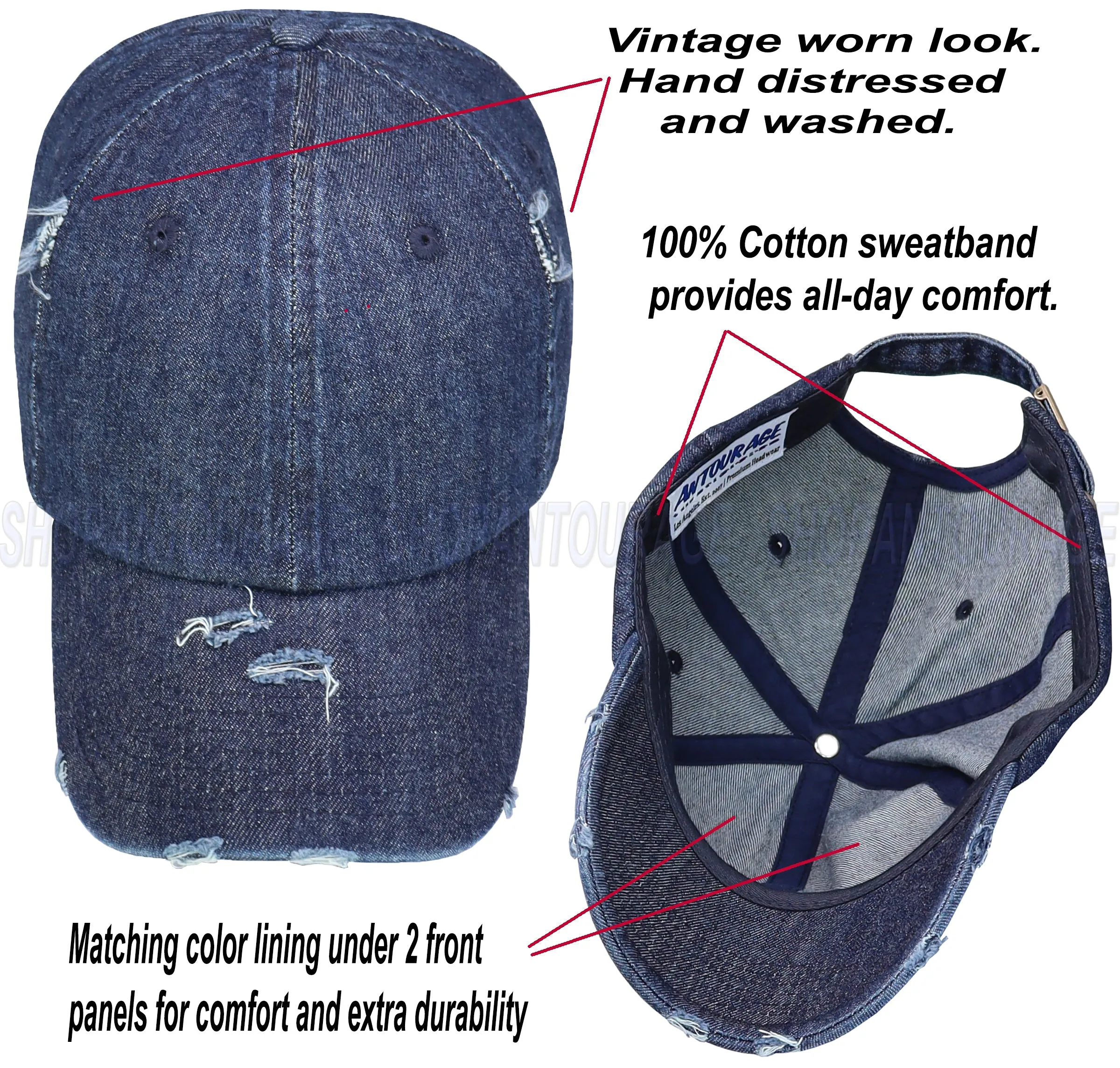 ANTOURAGE Vintage Distressed Unisex Washed Plain Cotton New Baseball Dad Hat Cap - Dark Denim - 10 Units ($5.50 Ea.)