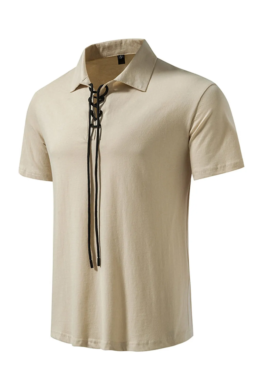 Army Green Short Sleeves Lace-up Collar Casual Polo Shirt