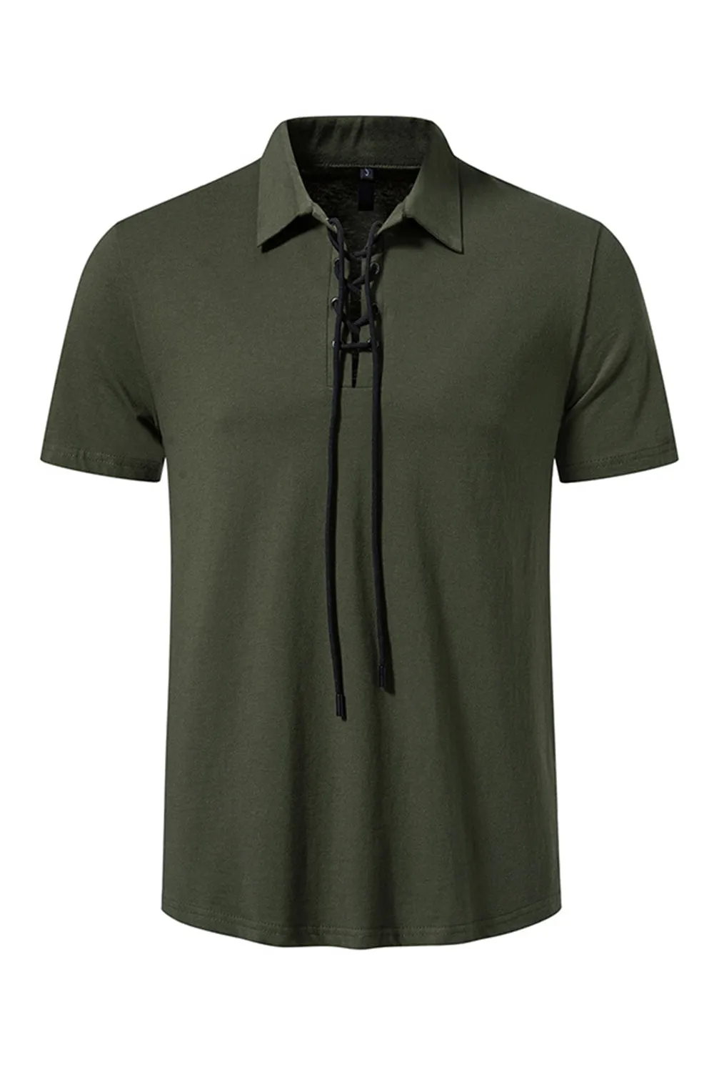 Army Green Short Sleeves Lace-up Collar Casual Polo Shirt