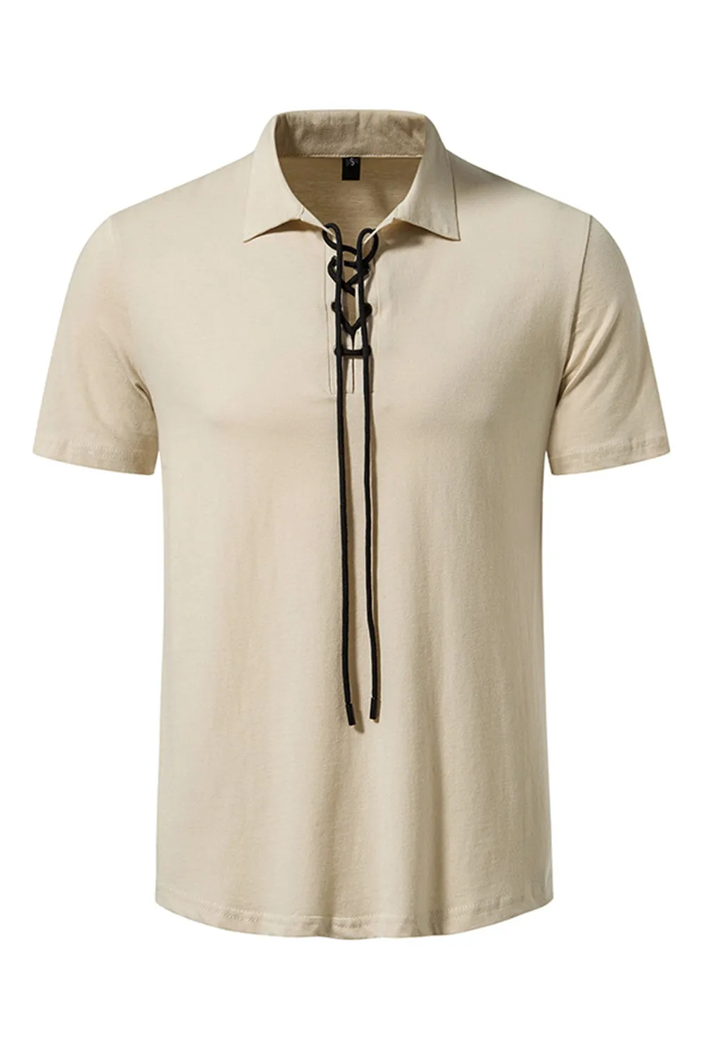 Army Green Short Sleeves Lace-up Collar Casual Polo Shirt