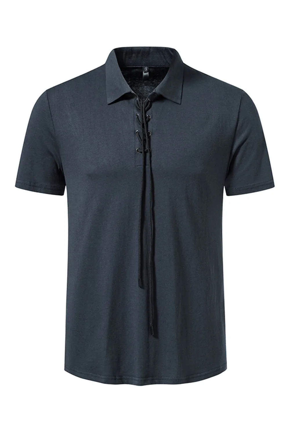 Army Green Short Sleeves Lace-up Collar Casual Polo Shirt