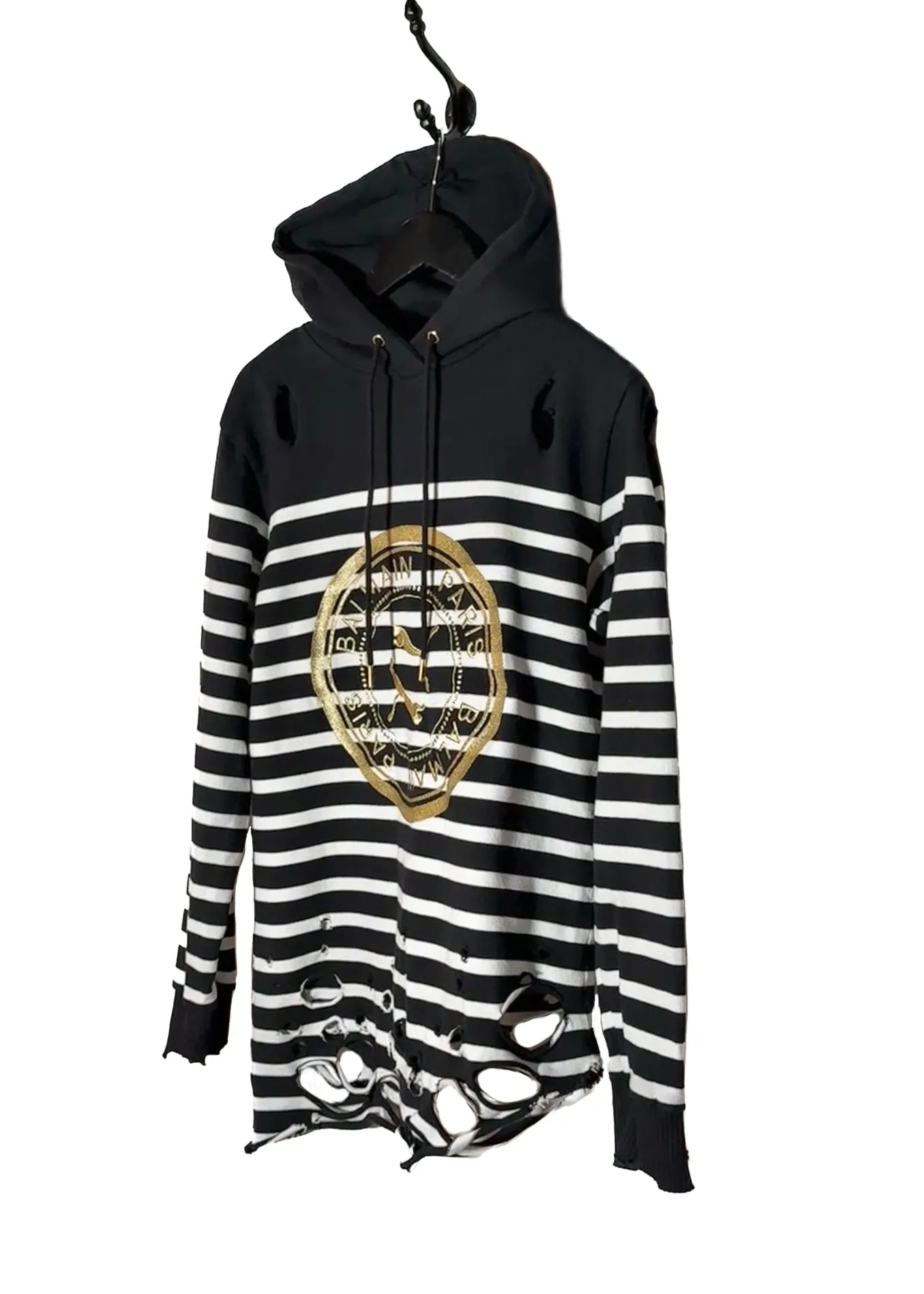Balmain X Puma Black Striped Embroidered Distressed Hoodie Sweater