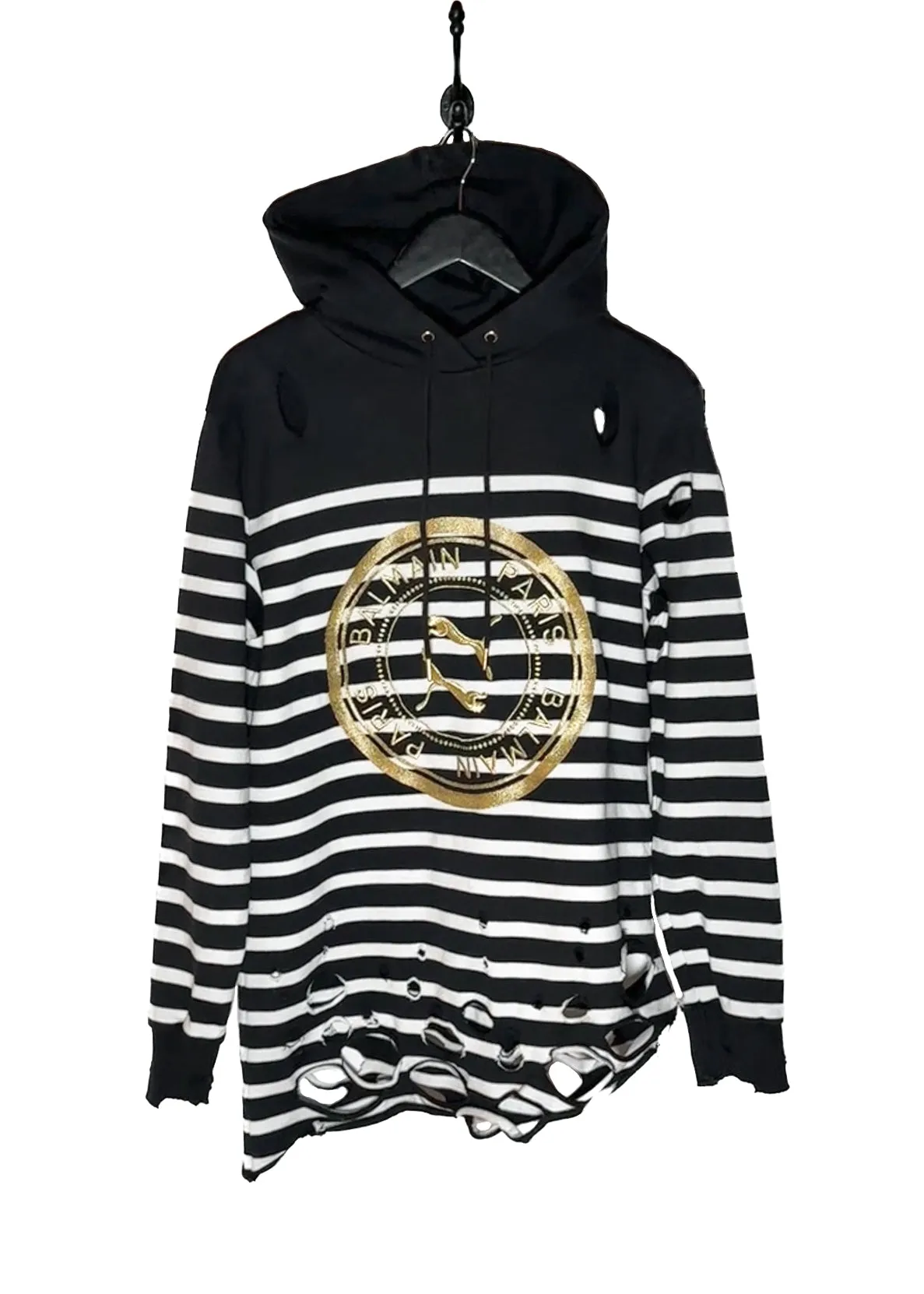 Balmain X Puma Black Striped Embroidered Distressed Hoodie Sweater