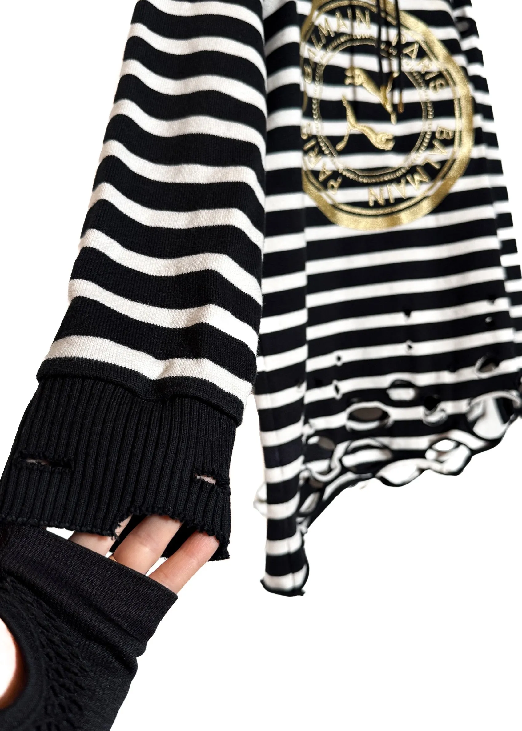 Balmain X Puma Black Striped Embroidered Distressed Hoodie Sweater