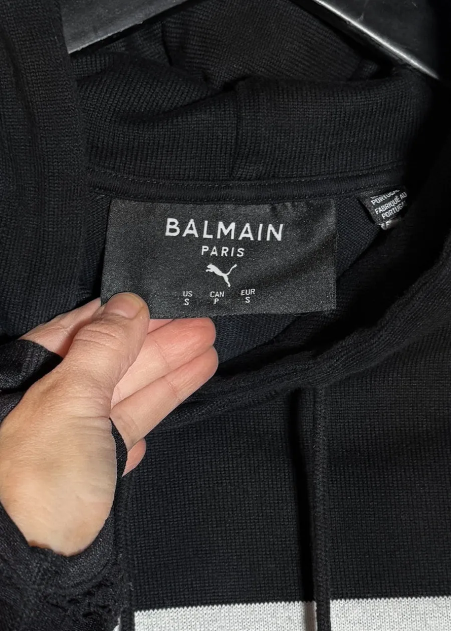 Balmain X Puma Black Striped Embroidered Distressed Hoodie Sweater