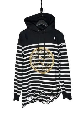 Balmain X Puma Black Striped Embroidered Distressed Hoodie Sweater