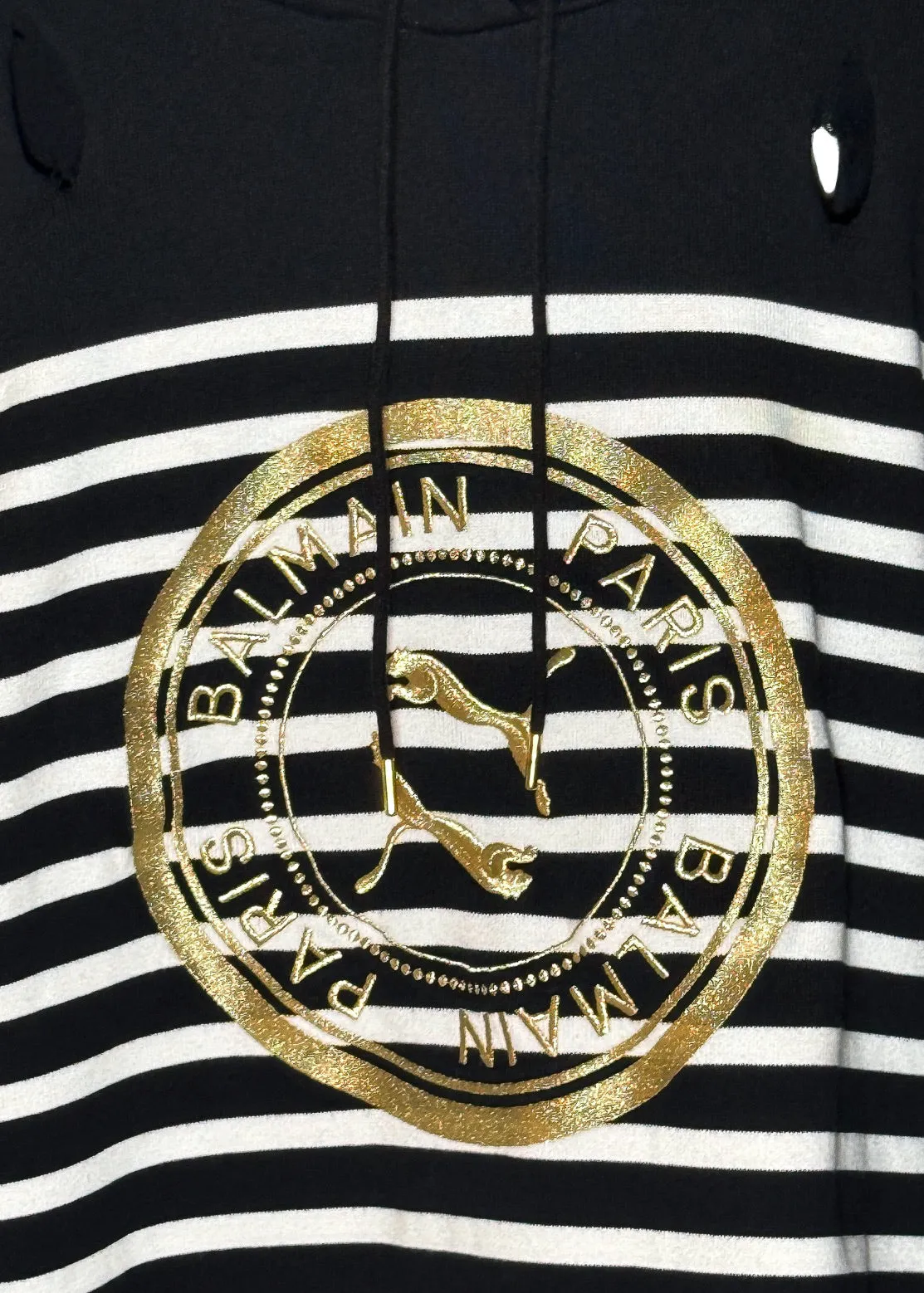 Balmain X Puma Black Striped Embroidered Distressed Hoodie Sweater