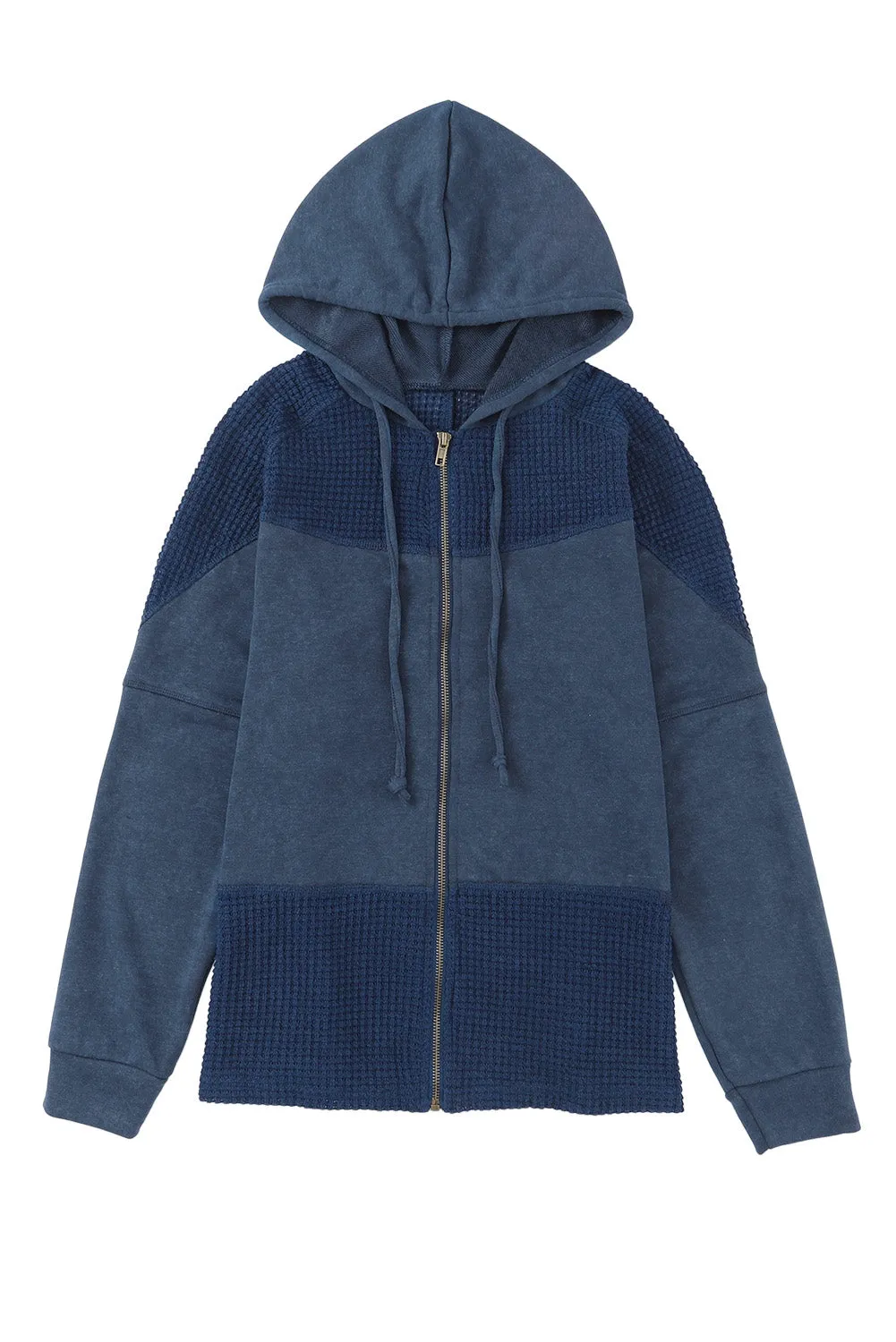 Blue Patchwork Hooded Waffle Knit Jacket for Women