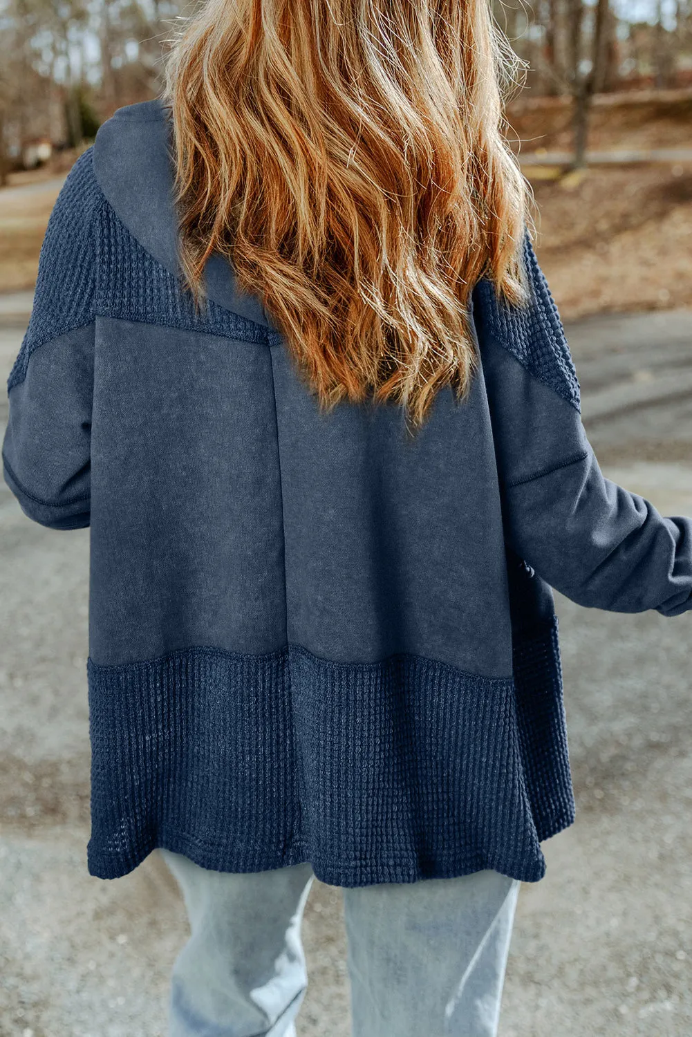 Blue Patchwork Hooded Waffle Knit Jacket for Women
