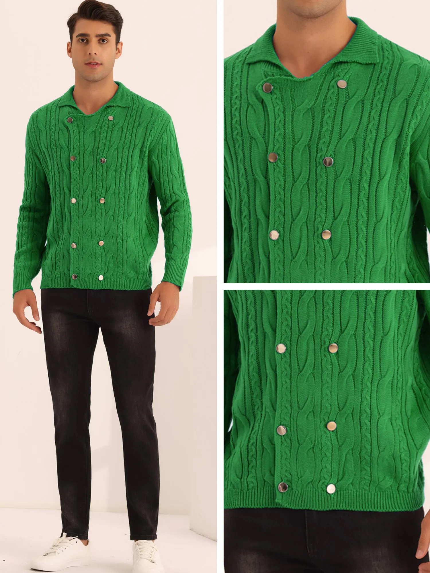 Casual Stand Collar Double Breasted Cable Knitted Cardigan Sweater