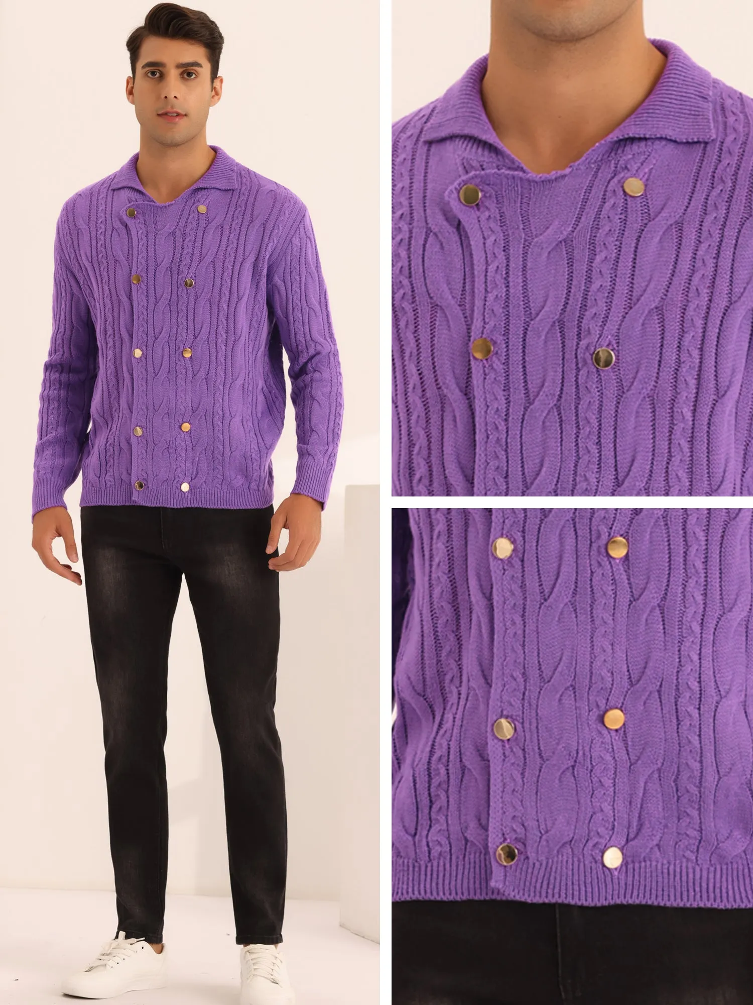 Casual Stand Collar Double Breasted Cable Knitted Cardigan Sweater