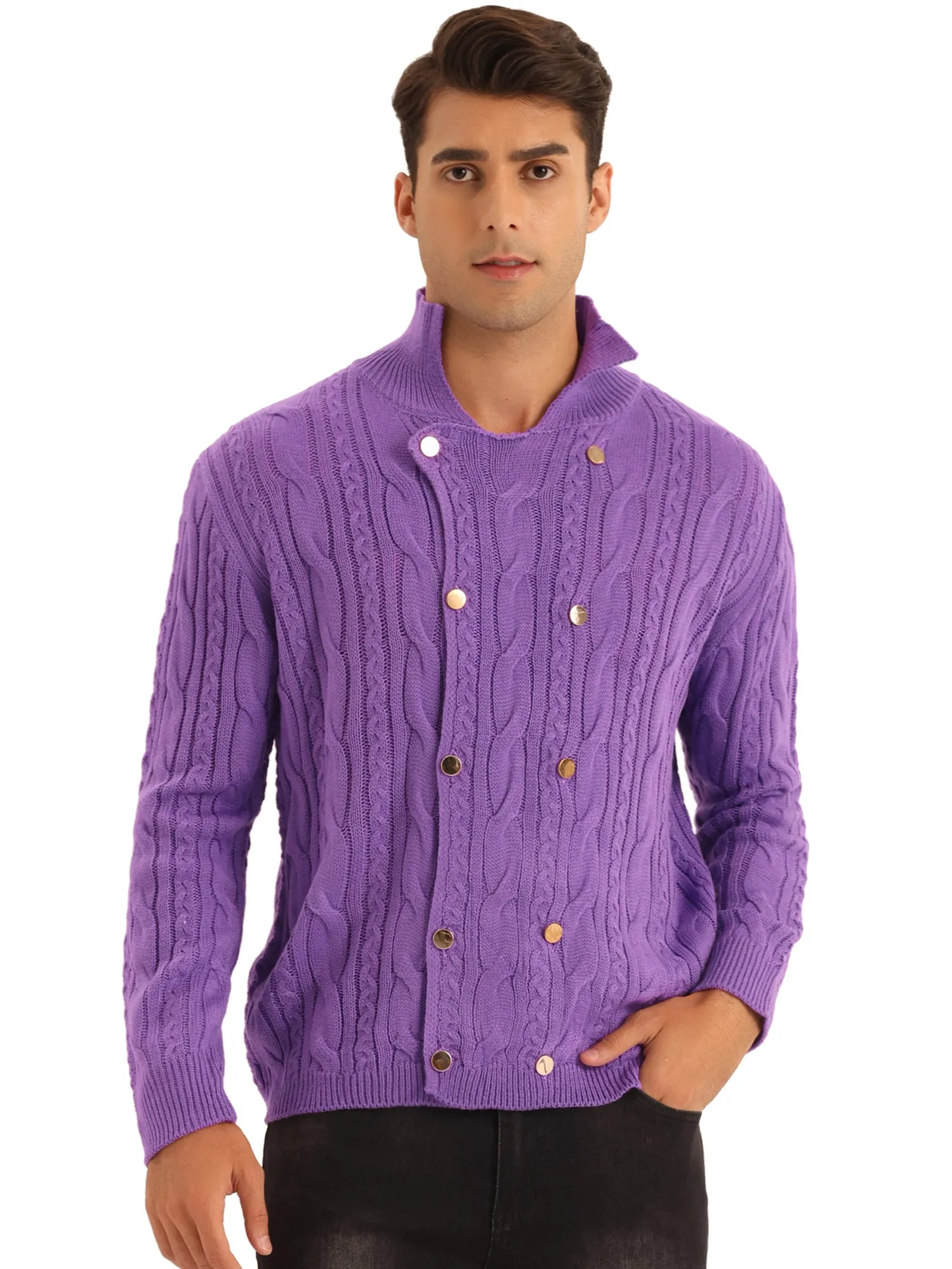 Casual Stand Collar Double Breasted Cable Knitted Cardigan Sweater