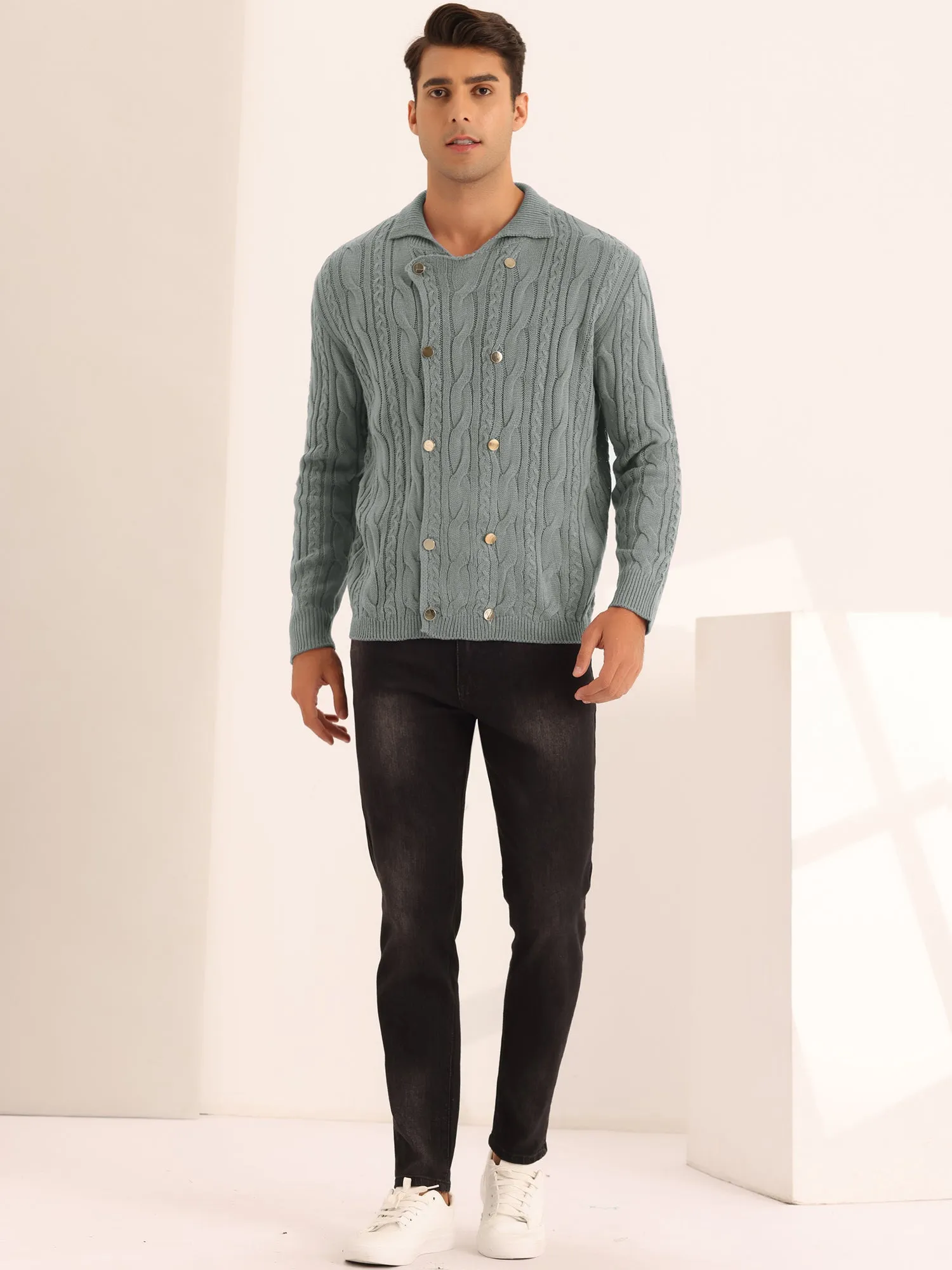Casual Stand Collar Double Breasted Cable Knitted Cardigan Sweater