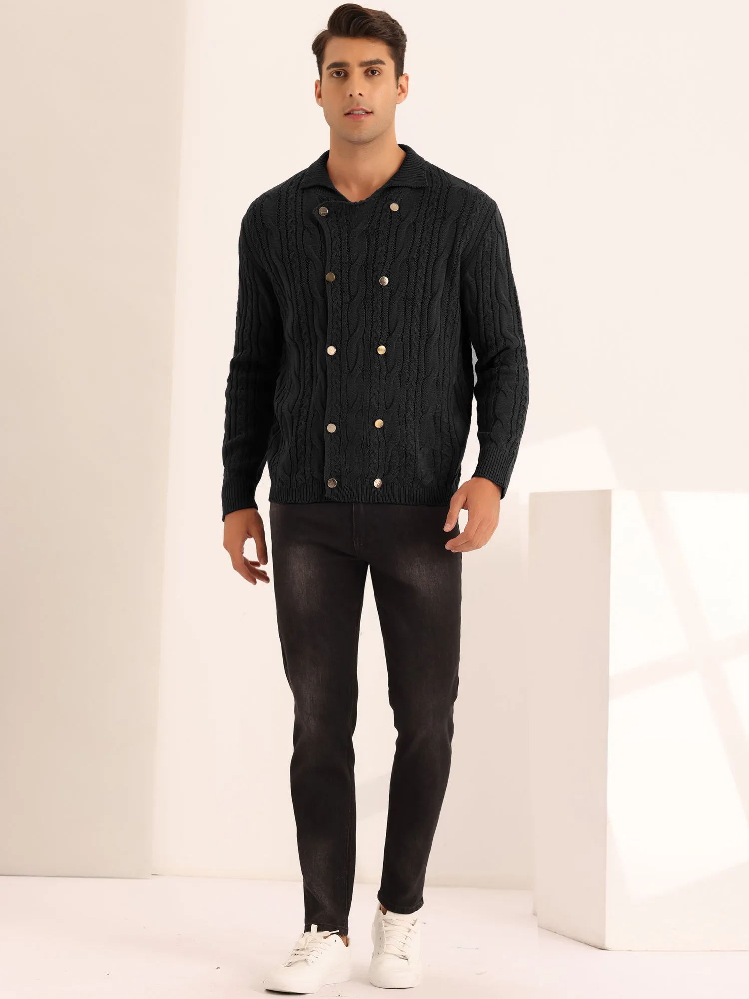 Casual Stand Collar Double Breasted Cable Knitted Cardigan Sweater