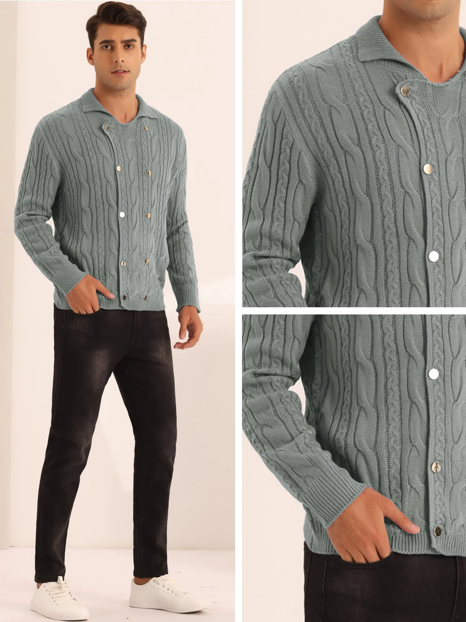 Casual Stand Collar Double Breasted Cable Knitted Cardigan Sweater