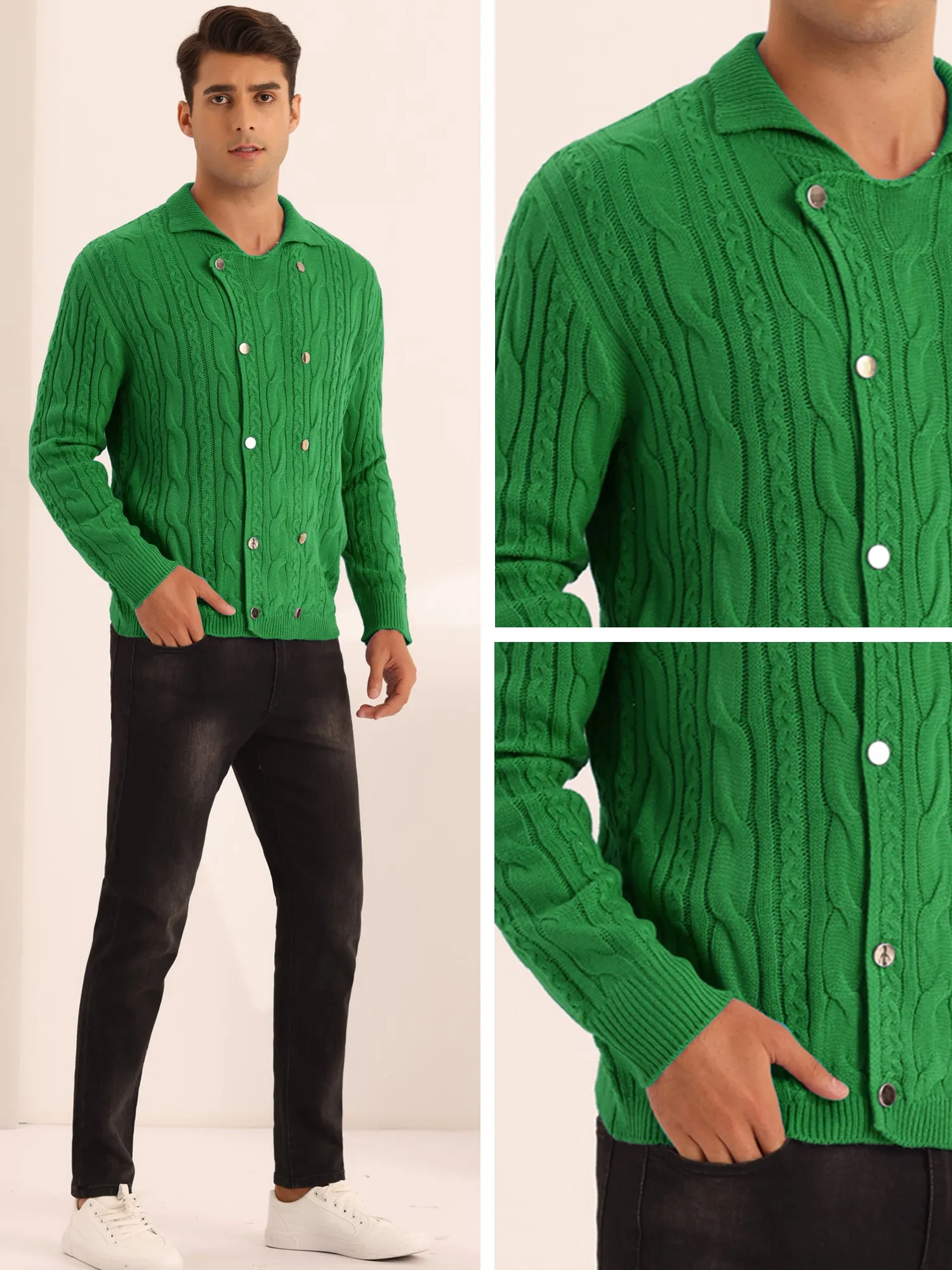 Casual Stand Collar Double Breasted Cable Knitted Cardigan Sweater