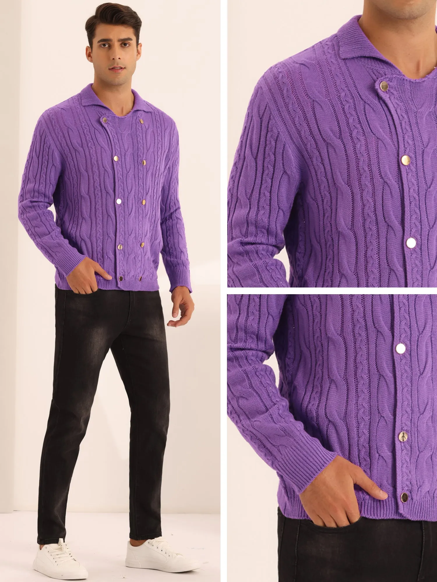 Casual Stand Collar Double Breasted Cable Knitted Cardigan Sweater