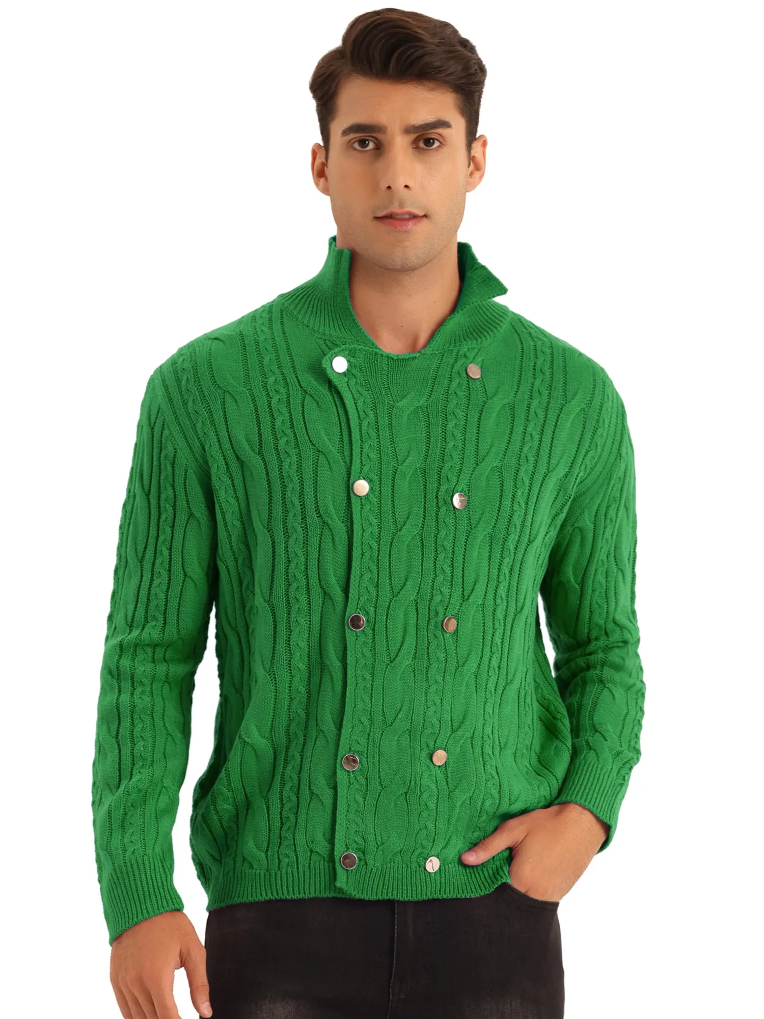 Casual Stand Collar Double Breasted Cable Knitted Cardigan Sweater