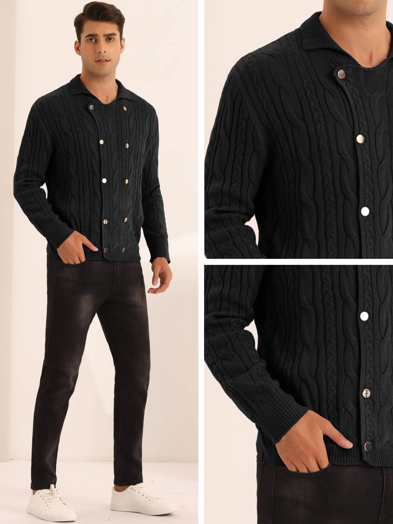Casual Stand Collar Double Breasted Cable Knitted Cardigan Sweater