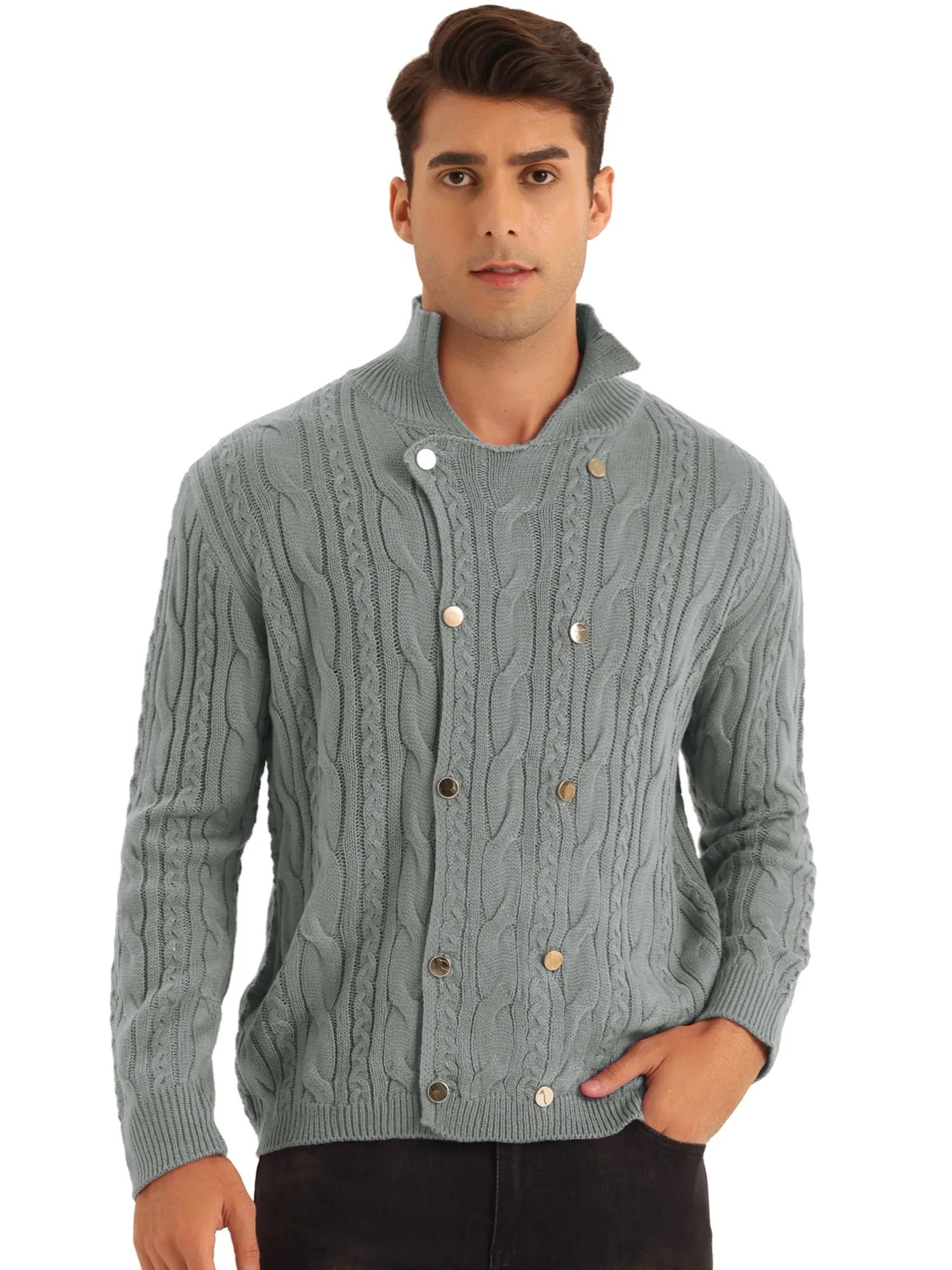 Casual Stand Collar Double Breasted Cable Knitted Cardigan Sweater