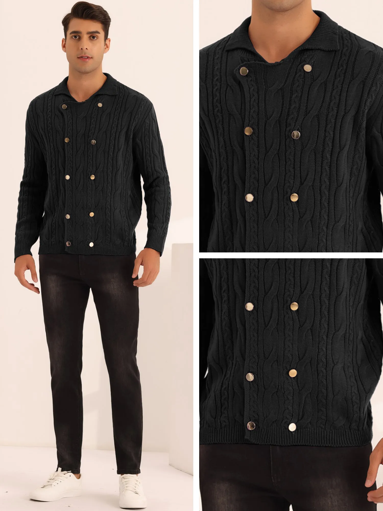 Casual Stand Collar Double Breasted Cable Knitted Cardigan Sweater