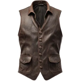 Distressed Brown Leather Vest - Classic Button-Up Design | El Zoro