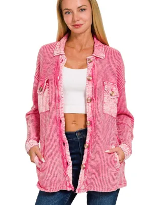 Distressed Pink Waffle Shacket