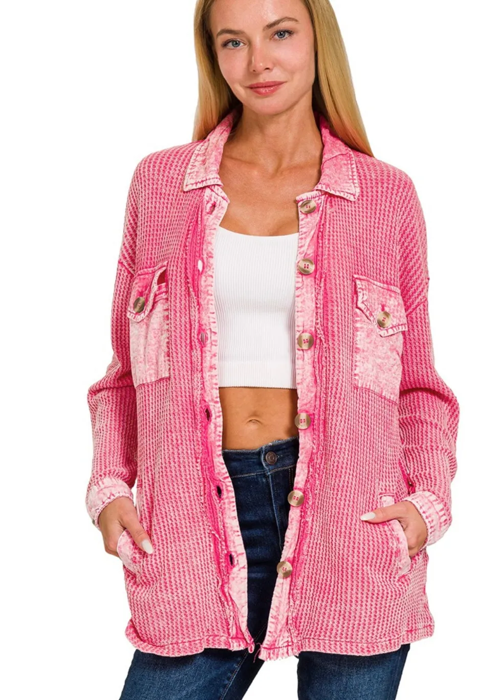 Distressed Pink Waffle Shacket