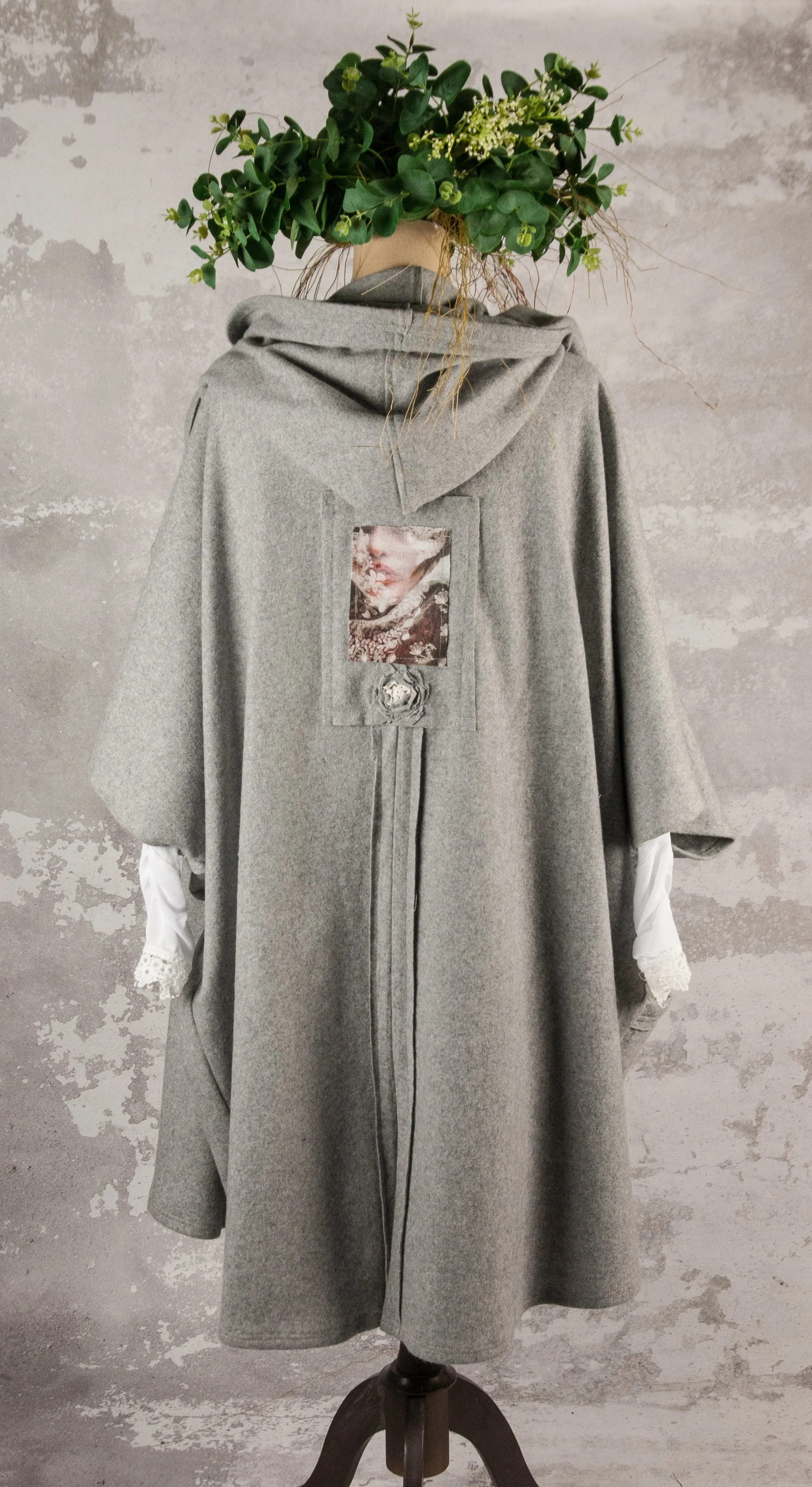 Grey merino hooded poncho jacket