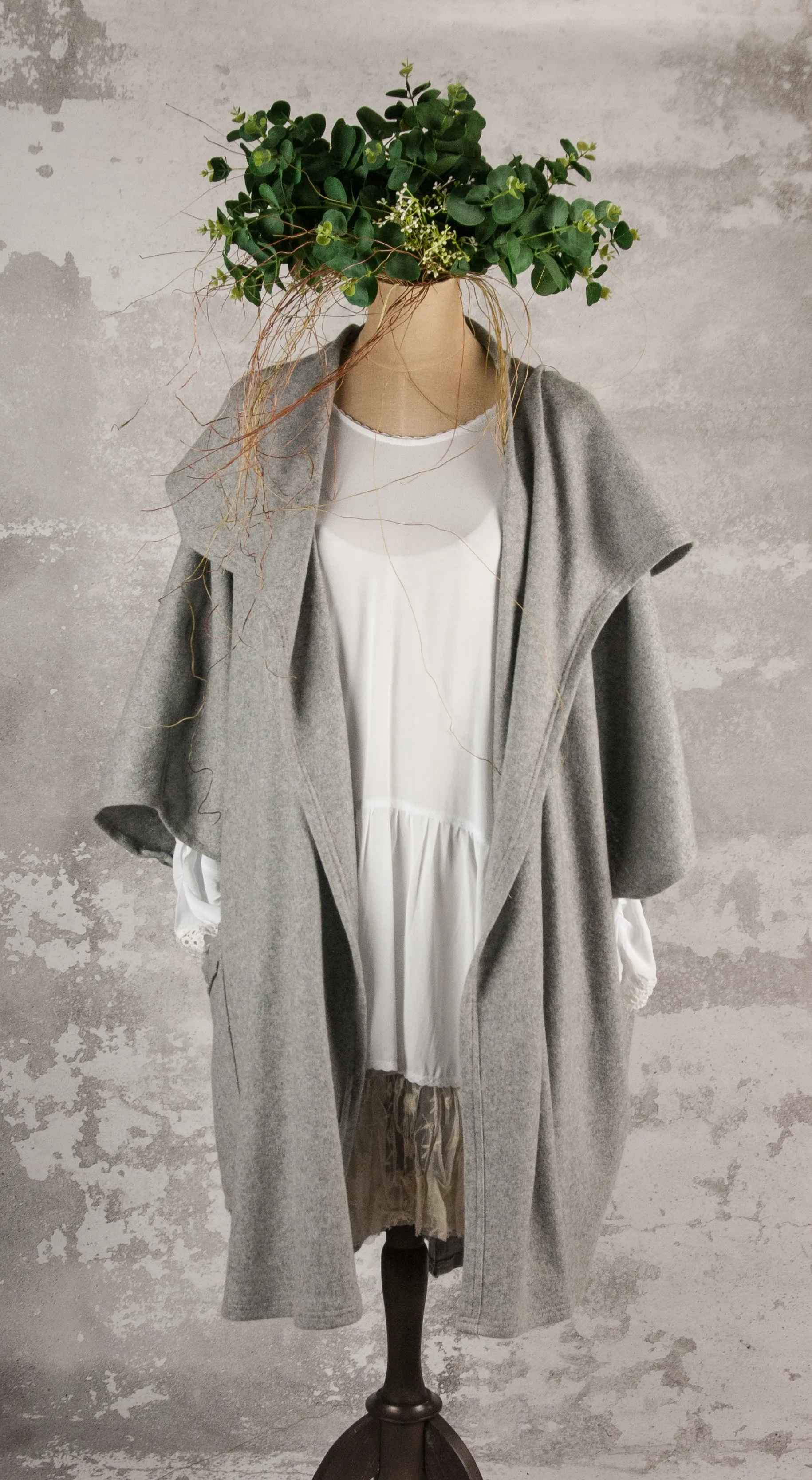 Grey merino hooded poncho jacket