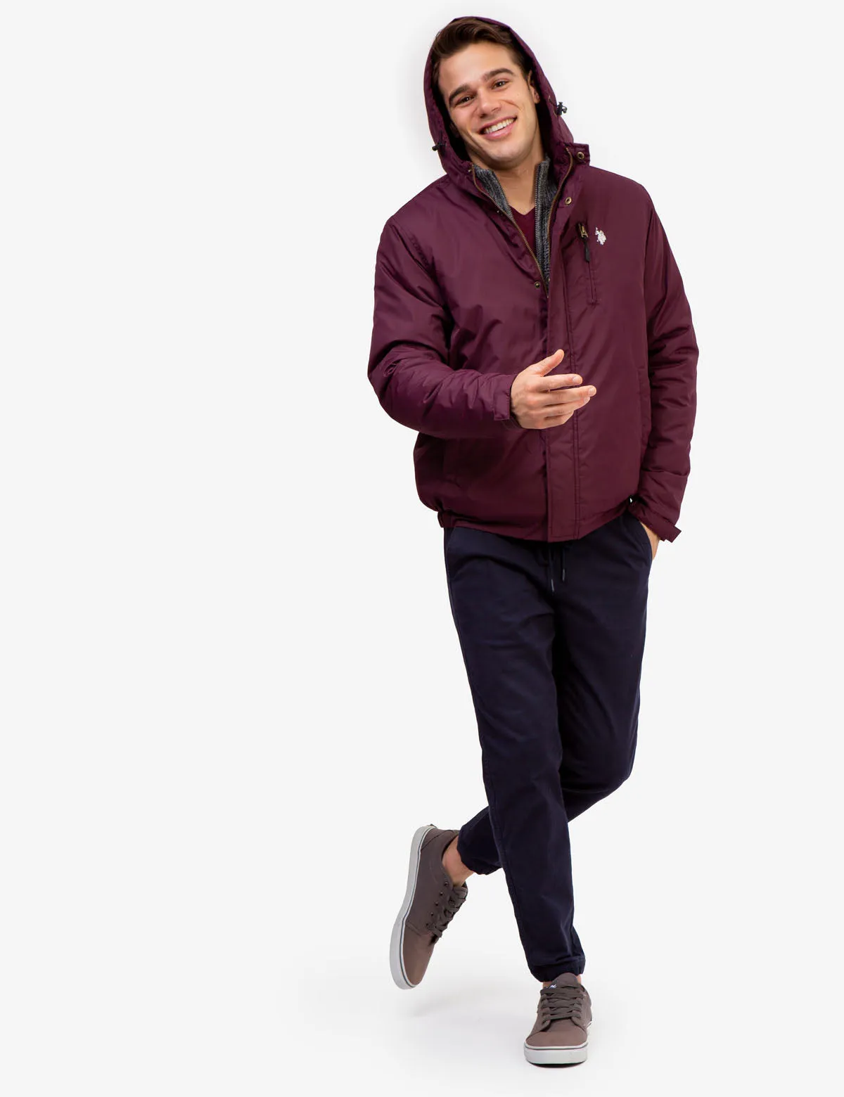 HOODED WINDBREAKER WITH SHERPA
