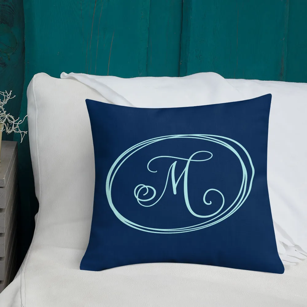 Modern Calligraphy Capital M Fancy, Navy Blue Background, Light Blue M and Ovals, Custom Premium Pillow