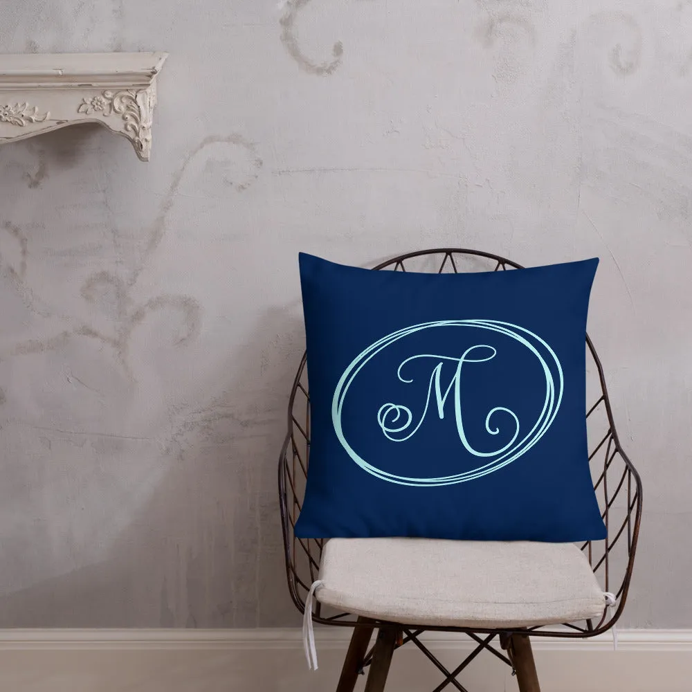 Modern Calligraphy Capital M Fancy, Navy Blue Background, Light Blue M and Ovals, Custom Premium Pillow