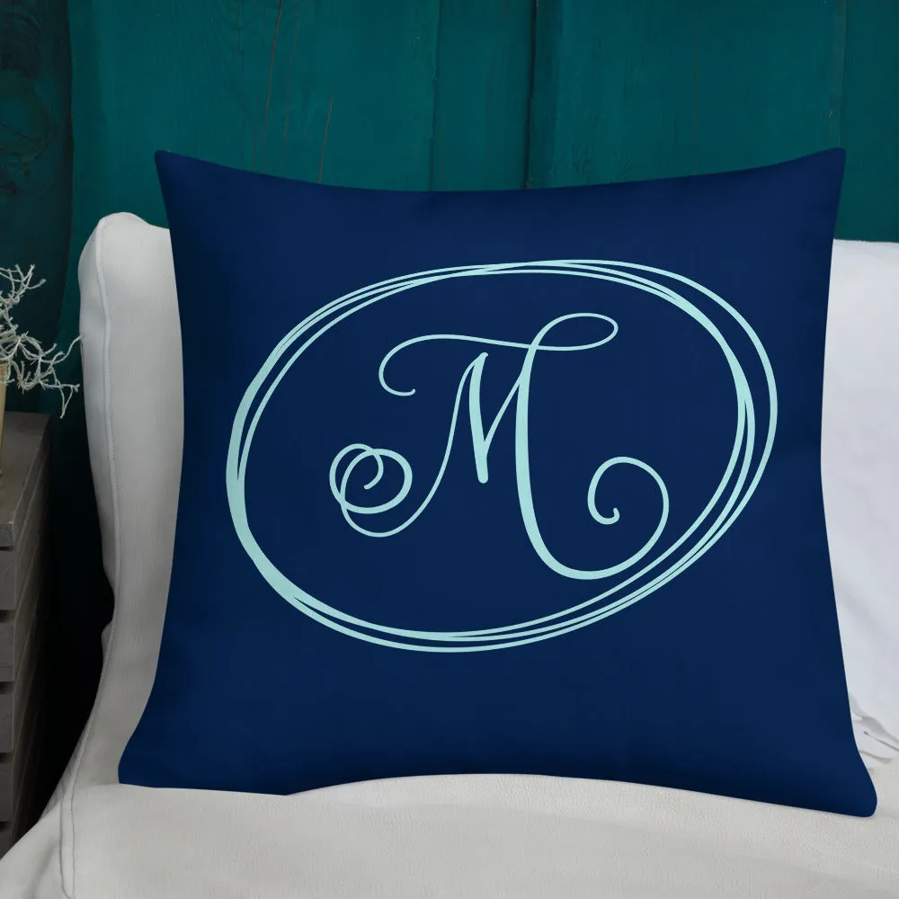 Modern Calligraphy Capital M Fancy, Navy Blue Background, Light Blue M and Ovals, Custom Premium Pillow
