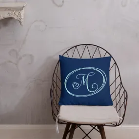 Modern Calligraphy Capital M Fancy, Navy Blue Background, Light Blue M and Ovals, Custom Premium Pillow