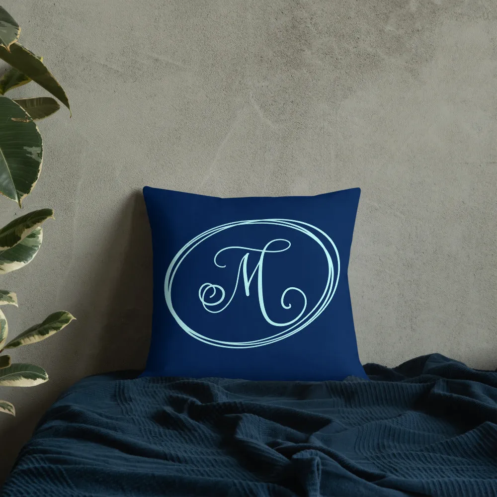 Modern Calligraphy Capital M Fancy, Navy Blue Background, Light Blue M and Ovals, Custom Premium Pillow