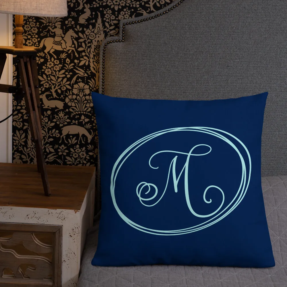 Modern Calligraphy Capital M Fancy, Navy Blue Background, Light Blue M and Ovals, Custom Premium Pillow