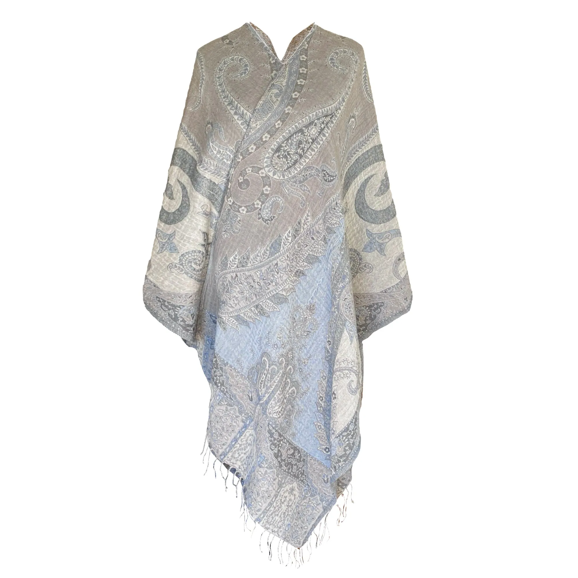 Powder Blue Paisley Wool Wrap Poncho