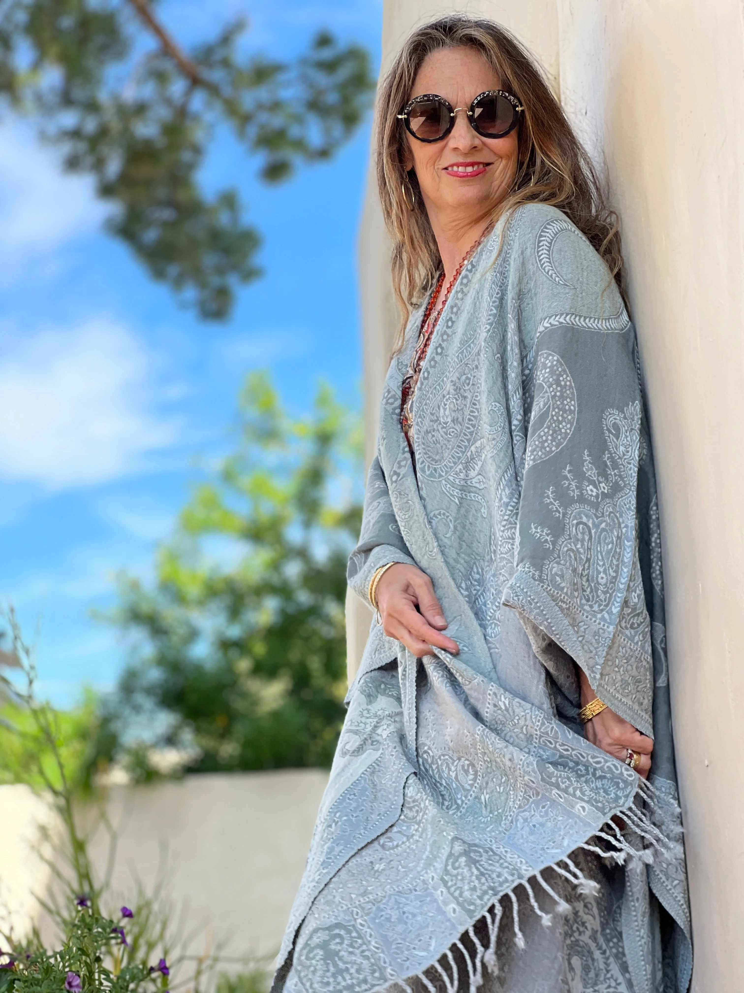 Powder Blue Paisley Wool Wrap Poncho