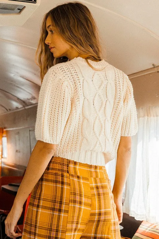 Puff Short Slv Cable Knit Sweater