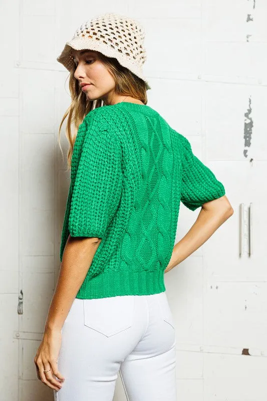 Puff Short Slv Cable Knit Sweater