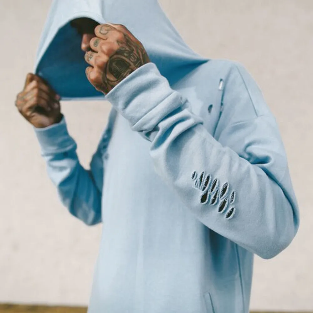 Serenity Curved Hem Men Distressed Scoop Hoodie