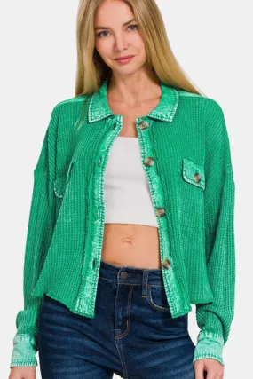 Waffle-Knit Button Up Dropped Shoulder Jacket